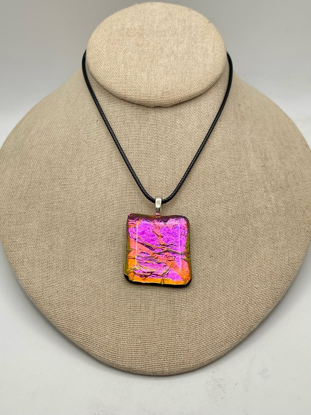 Artisan Handmade Pink Fused Dichroic Glass Square Pendant Necklace